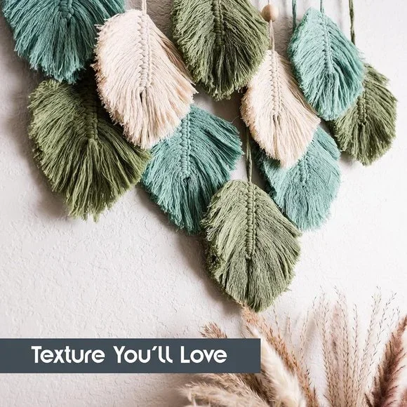 Macrame Boho Indie Farmhouse Teal/Blue/Green/Cream Feather Wood Bead Wall Decor - Picture 3 of 8